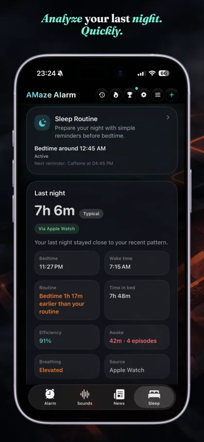 AMaze Alarm Sleep Insights screen with Sleep Routine and last-night summary